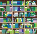 Bookshelf background. Shelves full of colorful books. Home library with books. Vector close up illustration. Cartoon Design Style.