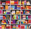 Bookshelf background. Shelves full of colorful books. Home library with books. Vector close up illustration. Cartoon Design Style.