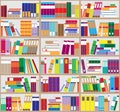 Bookshelf background. Shelves full of colorful books. Home library with books. Vector close up illustration. Cartoon Design Style.