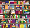 Bookshelf background. Shelves full of colorful books. Home library with books. Vector close up illustration. Cartoon Design Style.