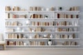 A bookshelf filled with lots of books on white wall