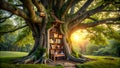 Bookshelf in the forest. 3D rendering. Computer digital drawing. Royalty Free Stock Photo