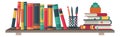 Bookshelf icon. Wooden board with books and stationery