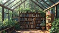 Bookshelf inside a greenhouse, cozy reading spot . Royalty Free Stock Photo
