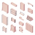 Bookshelf isometric - set of various cases and shelves for books for home and store interior design. Royalty Free Stock Photo