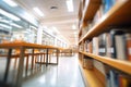 Bookshelf in the library with bookshelves and blurred background, blurry college library. Bookshelves and a classroom in blurry Royalty Free Stock Photo