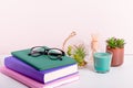 Multicolor books stack, house plants succulents and fragrant candle and sticks. Background for World Book Day. Still