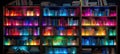 Bookshelf with Neon Glowing Books: A Surreal and Magical Scene