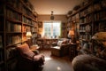 a bookshelf overflowing with novels and a pair of cozy reading chairs in the background