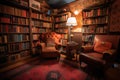 a bookshelf overflowing with novels and a pair of cozy reading chairs in the background