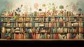 Bookshelf with several rows of books and indoor plants Royalty Free Stock Photo