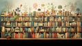 Bookshelf with several rows of books and indoor plants