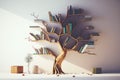 Bookshelf shaped like tree with many books on it's shelves. Generative AI
