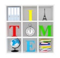 Bookshelf with Stopwatch, Books, Globe, Office Binders and Eiffel Tower