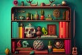 bookshelf surrounded by colorful and eclectic knickknacks Royalty Free Stock Photo