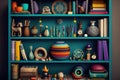 bookshelf surrounded by colorful and eclectic knickknacks