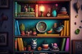 bookshelf surrounded by colorful and eclectic knickknacks Royalty Free Stock Photo