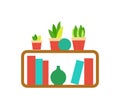 Wooden Shelf with Houseplants and Vases Vector Royalty Free Stock Photo