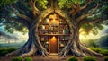 Bookshelf in the tree. 3d rendering. Computer digital drawing. Royalty Free Stock Photo