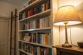 Bookshelf on the wall with lamp and books Royalty Free Stock Photo