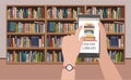 Bookshelve with books on phone screen at bookshelf background, Online Library education concept