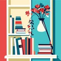 Bookshelves with books, vase with flowers. Vector illustration in flat style AI Generated Royalty Free Stock Photo