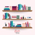 Bookshelves with colorful books and stationery on the wall