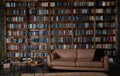 Bookshelves in the library. Large bookcase with lots of books. Sofa in the room for reading books. Library or shop with Royalty Free Stock Photo