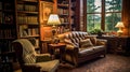 Bookshelves in the library. Large bookcase with lots of books. Sofa in the room for reading books. Generative Ai Royalty Free Stock Photo