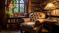 Bookshelves in the library. Large bookcase with lots of books. Sofa in the room for reading books. Generative Ai Royalty Free Stock Photo