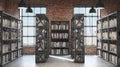 Bookshelves,Loft style interior, concrete floor with two big windows