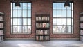 Bookshelves,Loft style interior, concrete floor with two big windows