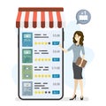 Bookstore on cell phone. Mobile application for buying books. Woman client chooses product in online store. Female customer buy in Royalty Free Stock Photo