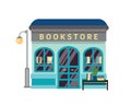 Bookstore flat vector illustration. Bookshop building facade with signboard isolated on white background. Small kiosk