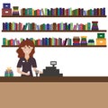 Bookstore, girl seller of books. Flat vector illustration Royalty Free Stock Photo