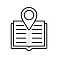 Bookstore location icon. Open book with location mark. City library location, place to read
