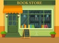 Bookstore or shop with books, store showcase