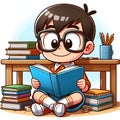 Bookworm Adventures: Cartoon Boy Reading with Glasses, Generative AI. Royalty Free Stock Photo
