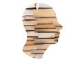 Bookworm, avid reader. Man head with books isolated on white background. Smart person devoted to reading, education