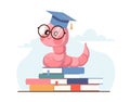 Bookworm in graduation hat and glasses sits on books. Education and knowledge symbol. Studying earthworm. Cute worm nerd