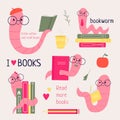 Bookworm.Read more books. A set of different bookworm in glasses and books. Hand-drawn educational vector illustrations. Cartoon