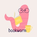 Bookworm.Read more books. A set of different bookworm in glasses and books. Hand-drawn educational vector illustrations. Cartoon