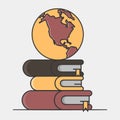 Globe on top of a pile of thick books. World history books concept. Global library. Flat style illustration.