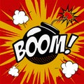 Boom! Comic style phrase on colorful background. Cartoon bomb ex Royalty Free Stock Photo
