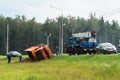 A boom crane arrived for lifting an overturned lorry, Moscow suburbs, Russia.