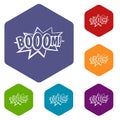 Boom, explosion bubble icons set hexagon