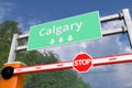 Boom gate near Calgary, Canada road sign. Coronavirus or some other disease quarantine related 3D rendering