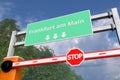 Boom gate near Frankfurt am Main, Germany road sign. Coronavirus or some other disease quarantine related 3D rendering