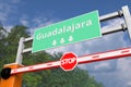 Boom gate near Guadalajara, Mexico road sign. Coronavirus or some other disease quarantine related 3D rendering