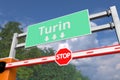 Boom gate near Turin, Italy road sign. Coronavirus or some other disease quarantine related 3D rendering